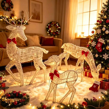 ✨LED-julrenset med rosett –🎁dekorativ renfamilj för inom- och utomhusbruk