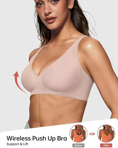 🎁🔥Bekväma trådlösa BH:ar för kvinnor Push-up-BH:ar Sömlösa T-shirt-BH:ar BH:ar med djup V-ringning för vardagsbruk