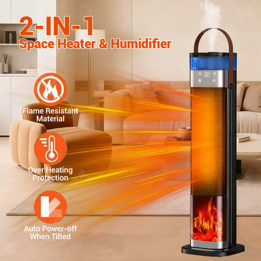 2-i-1 värmare och luftfuktare, 1500 W bärbar elektrisk värmare med luftfuktningsfunktion, fjärrkontroll, tippskydd, 3-stegs effektreglering, 3D-flammaeffekt, idealisk för sovrum och kontor.