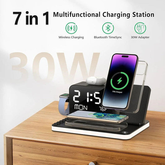 🎊🎶7-i-1 Trådlös Laddningsstation – Qi-laddning för Telefon, Klocka & Hörlurar i Ett